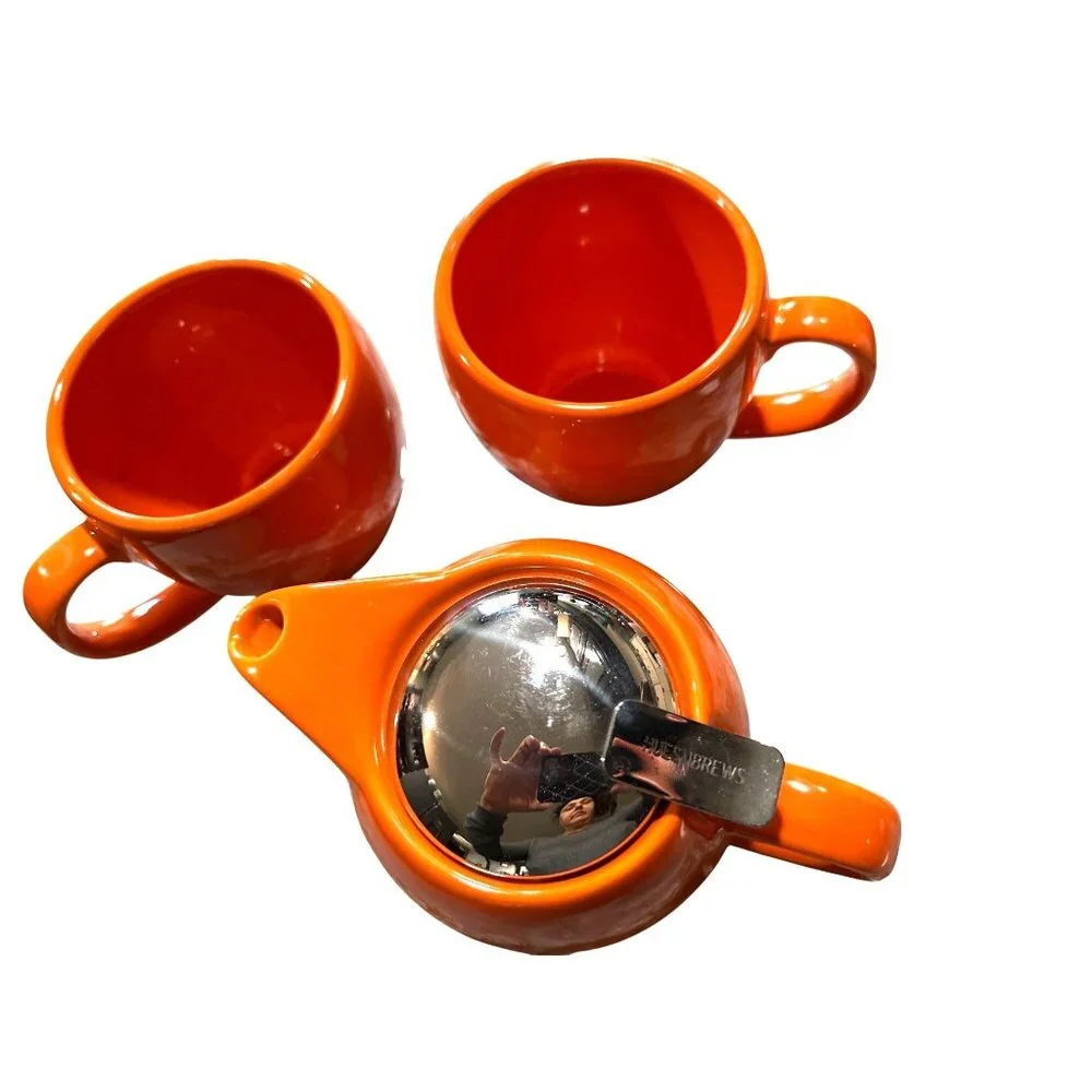 Hues N Brews Glazed Orange Ceramic Teapot Set Steel Lid 2 Matching Cups Service - Picture 4 of 7